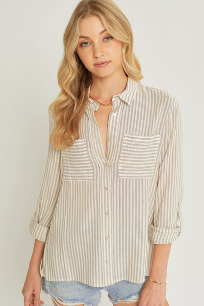 Striped Roll Up Sleeve Button Down Blouse Shirts