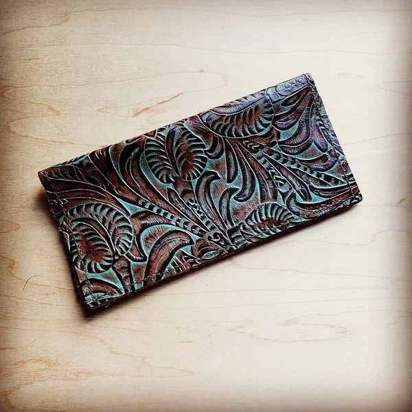 Embossed Leather Wallet in Turquoise Brown Floral