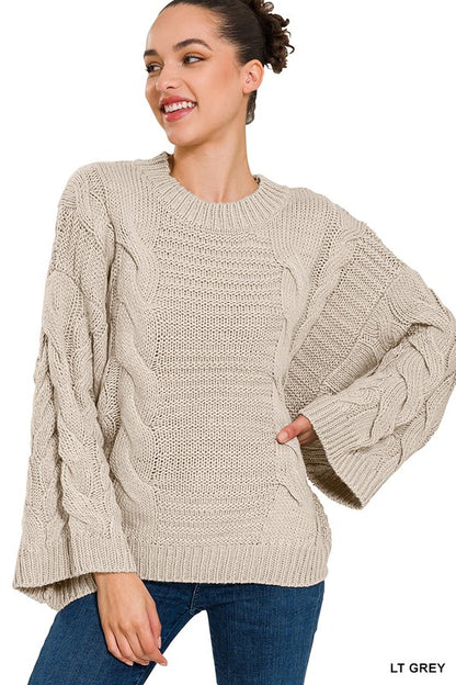 OVERSIZED BELL SLEEVE CABLE KNIT SWEATER