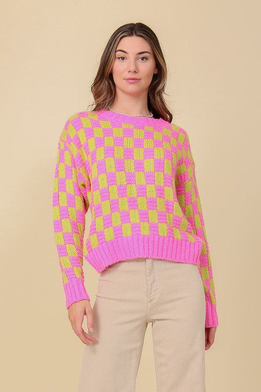 LONG SLEEVE CHECKERBOARD PULLOVER SWEATER