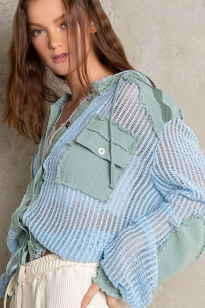 Open knit button down pocket hooded shirt top