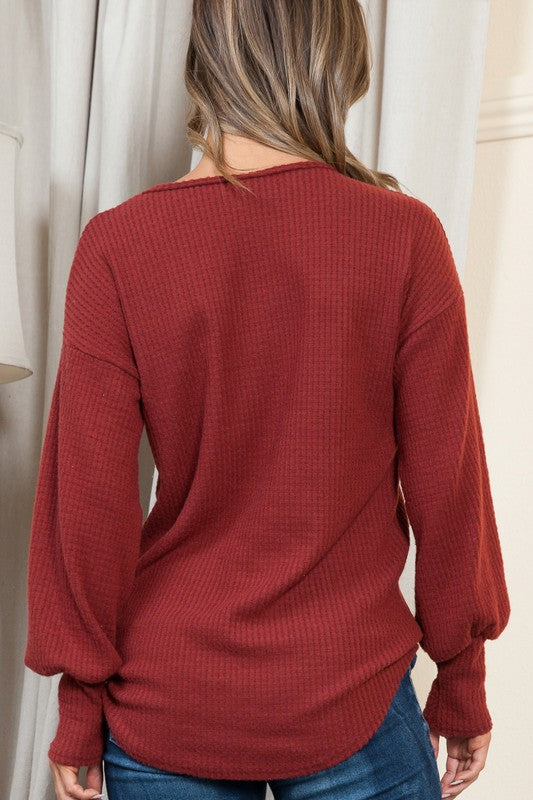 Plus Solid Long Sleeve Waffle Top