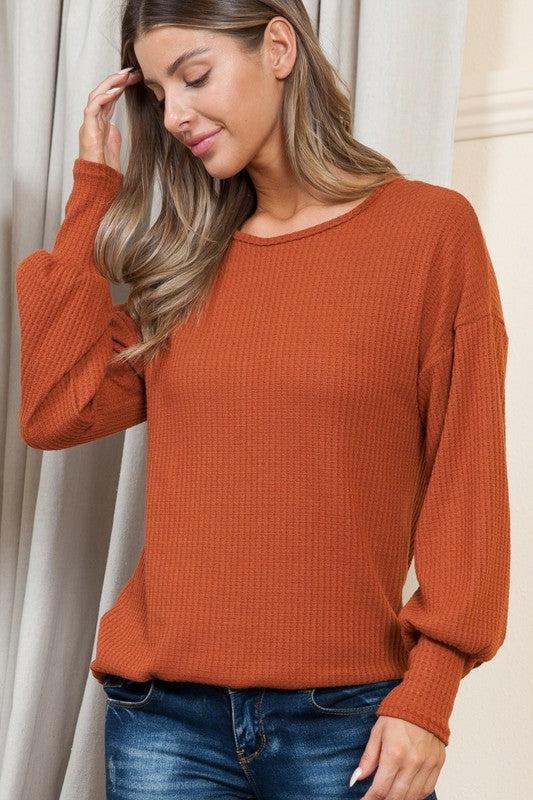 Plus Solid Long Sleeve Waffle Top