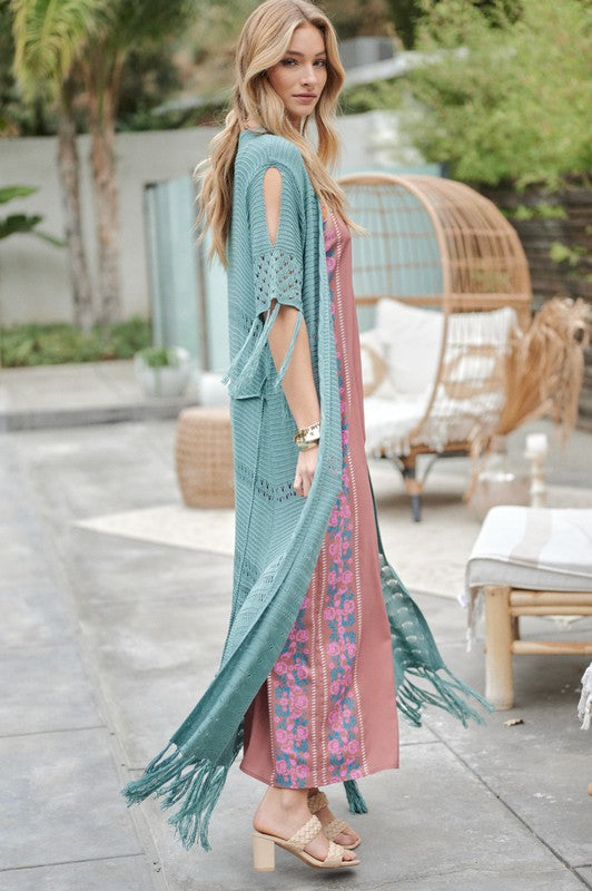 SOLID LONG CARDIGAN WITH FRINGE